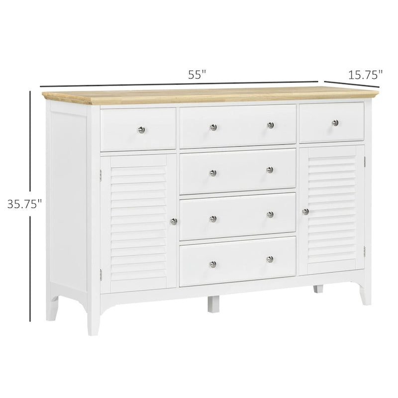 Buffet bahut moderne blanc avec tiroirs, plateau en bois d'hévéa, étagères réglables