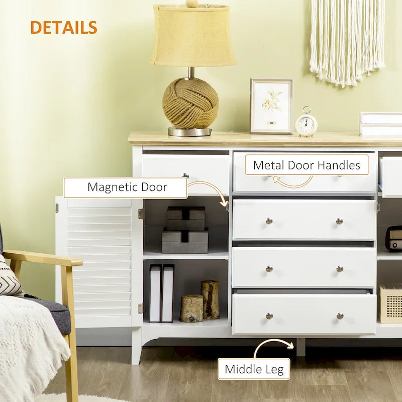 Buffet bahut moderne blanc avec tiroirs, plateau en bois d'hévéa, étagères réglables