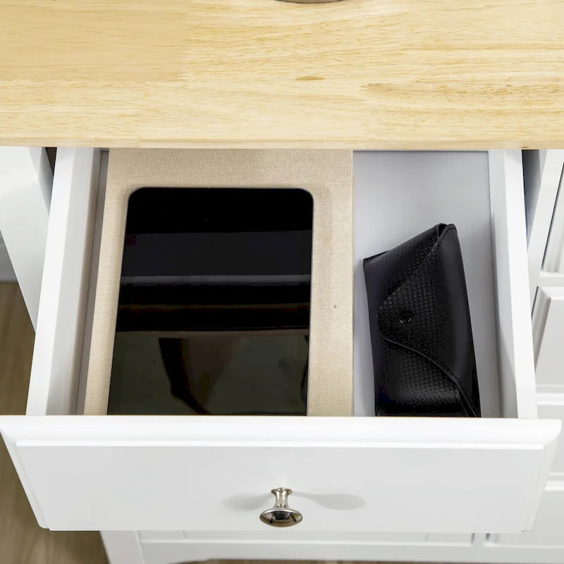 Buffet bahut moderne blanc avec tiroirs, plateau en bois d'hévéa, étagères réglables