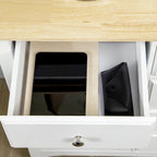 Buffet bahut moderne blanc avec tiroirs, plateau en bois d'hévéa, étagères réglables