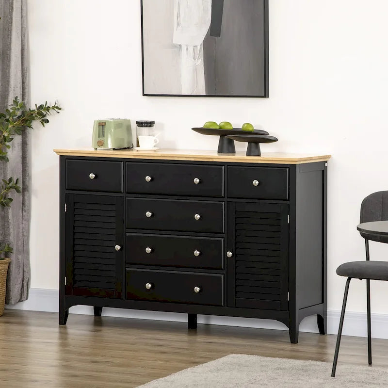 Buffet bahut moderne blanc avec tiroirs, plateau en bois d'hévéa, étagères réglables