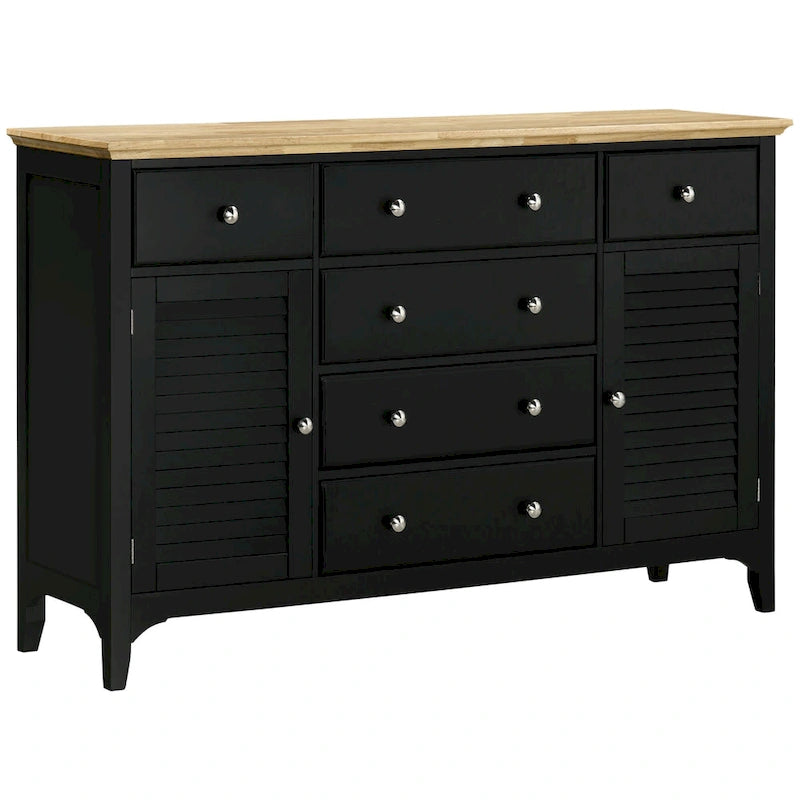 Buffet bahut moderne blanc avec tiroirs, plateau en bois d'hévéa, étagères réglables