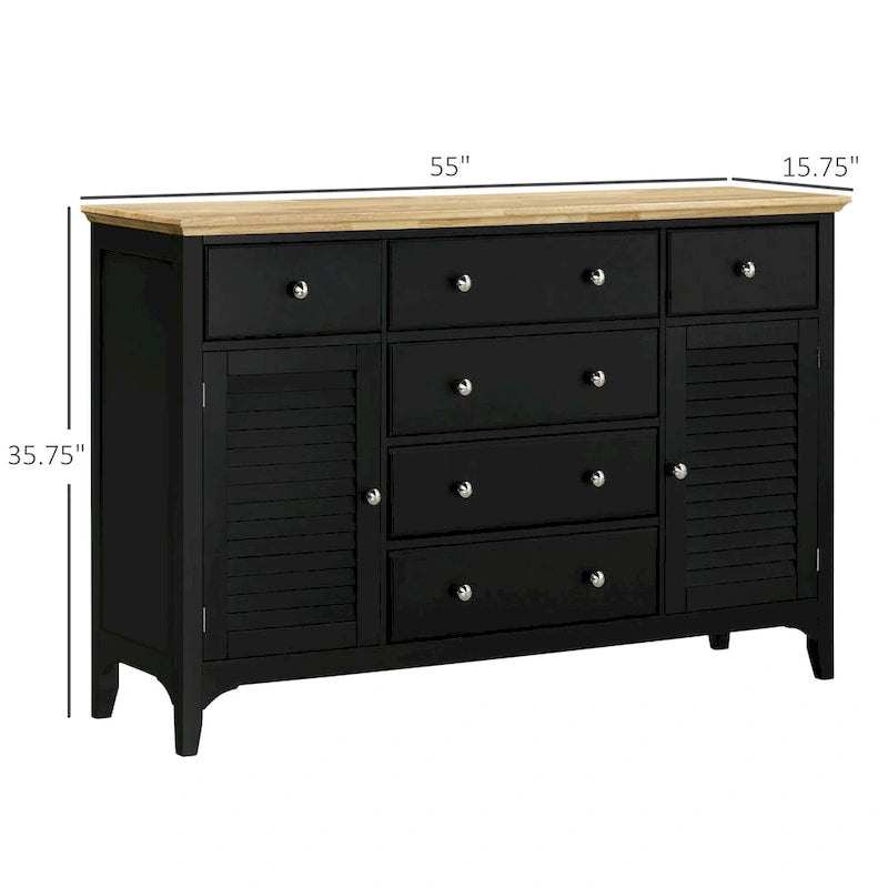 Buffet bahut moderne blanc avec tiroirs, plateau en bois d'hévéa, étagères réglables