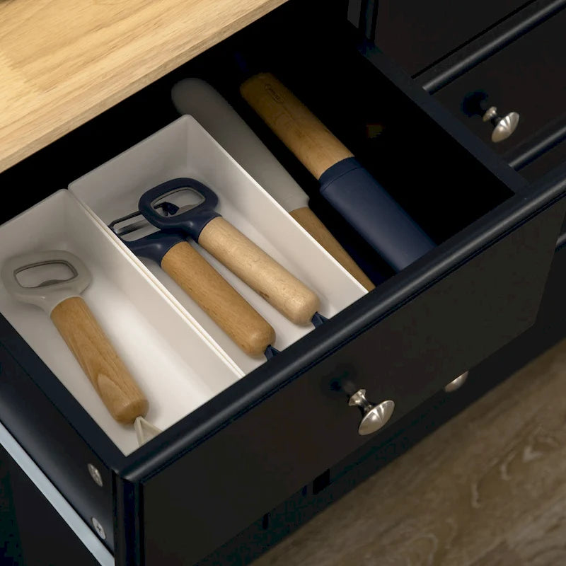 Buffet bahut moderne blanc avec tiroirs, plateau en bois d'hévéa, étagères réglables