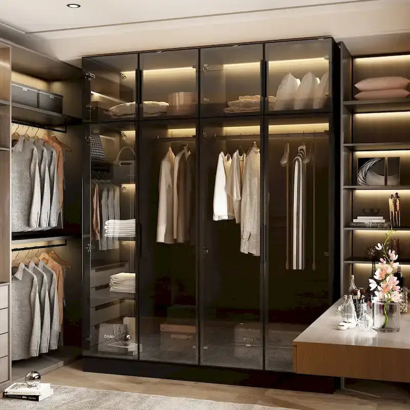Élégante Armoire Noire avec Éclairage LED et Portes en Verre Trempé