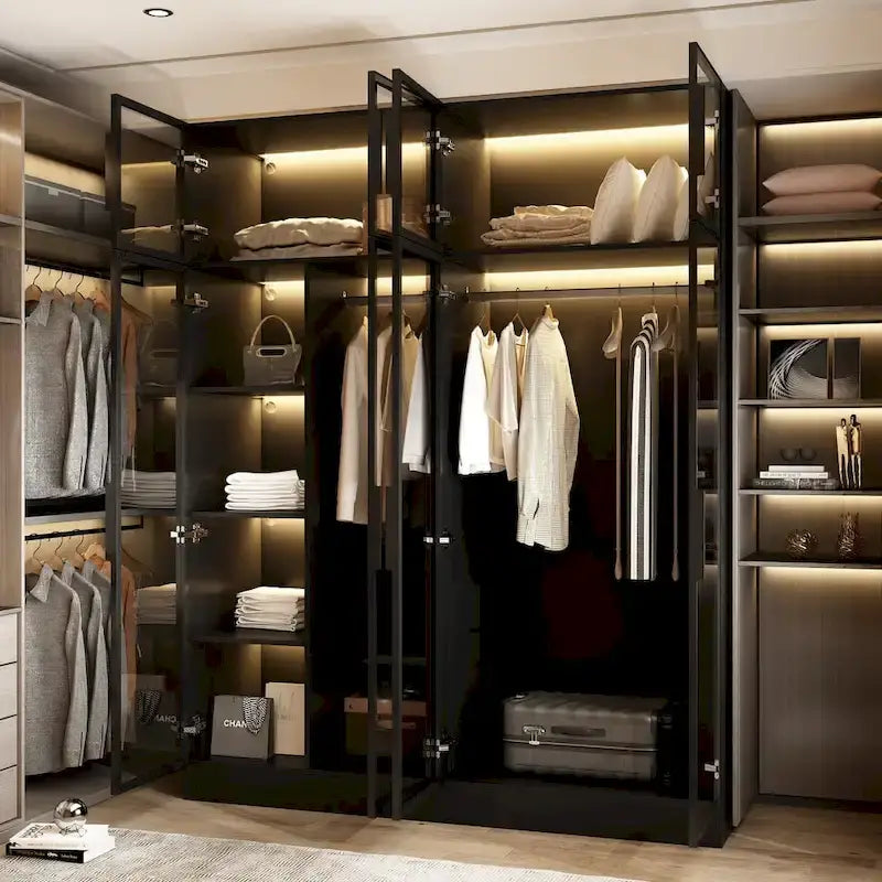 Élégante Armoire Noire avec Éclairage LED et Portes en Verre Trempé