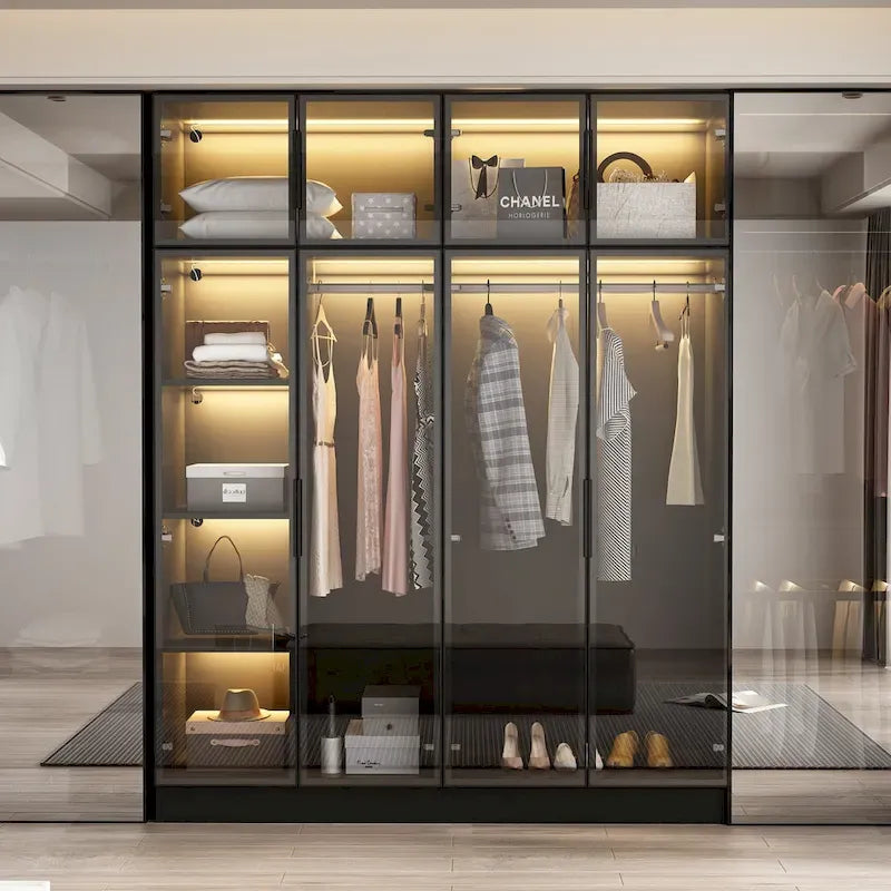Élégante Armoire Noire avec Éclairage LED et Portes en Verre Trempé