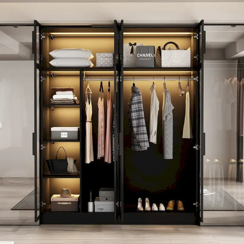 Élégante Armoire Noire avec Éclairage LED et Portes en Verre Trempé