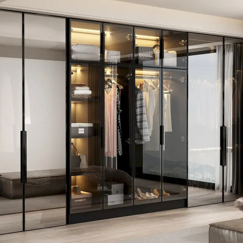 Élégante Armoire Noire avec Éclairage LED et Portes en Verre Trempé