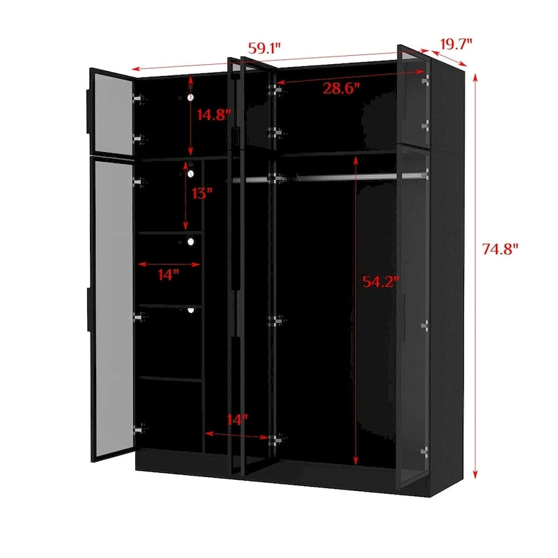 Élégante Armoire Noire avec Éclairage LED et Portes en Verre Trempé