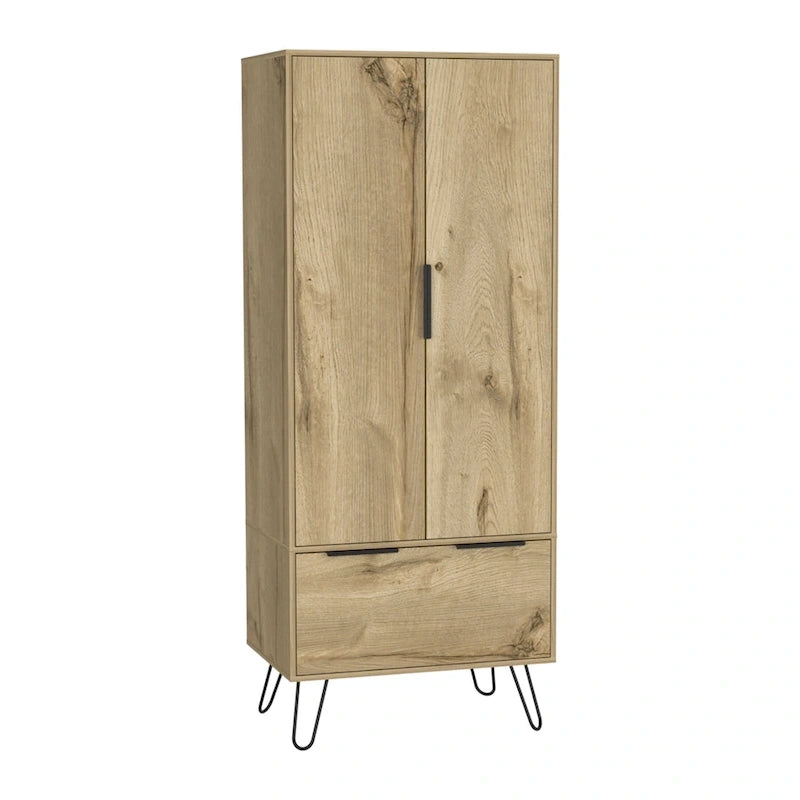Armoire-penderie autoportante avec tringle à vêtements, tiroir, pieds épingle et armoire à double porte