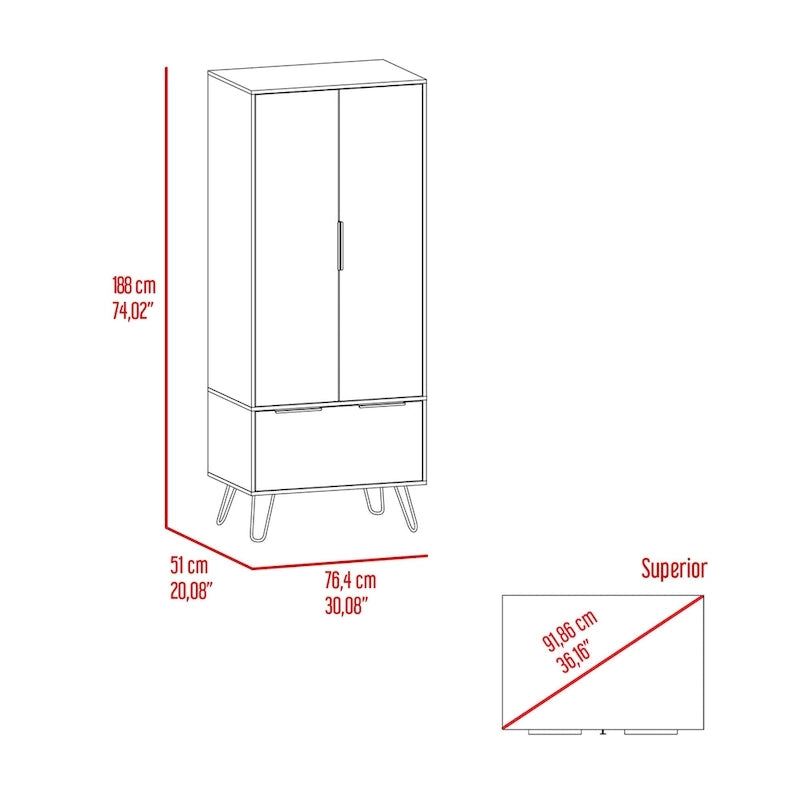 Armoire-penderie autoportante avec tringle à vêtements, tiroir, pieds épingle et armoire à double porte