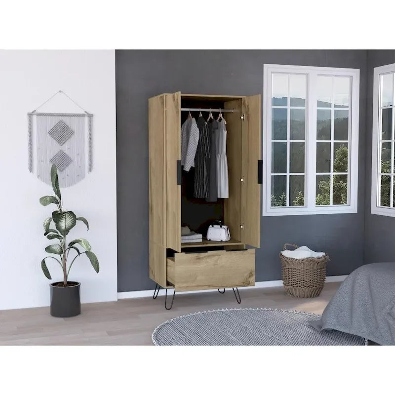 Armoire-penderie autoportante avec tringle à vêtements, tiroir, pieds épingle et armoire à double porte