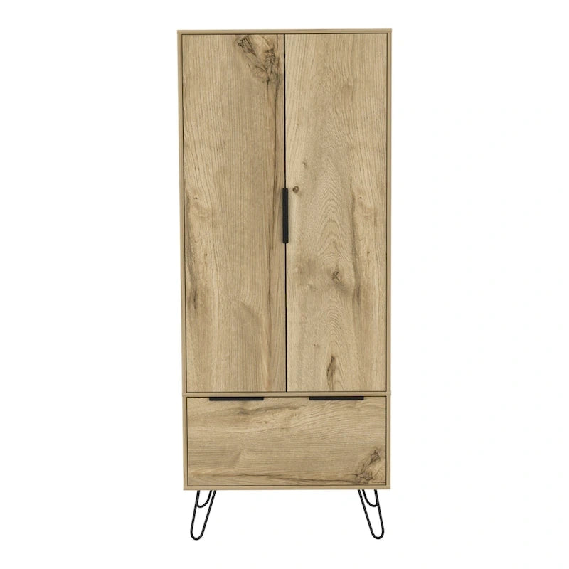 Armoire-penderie autoportante avec tringle à vêtements, tiroir, pieds épingle et armoire à double porte