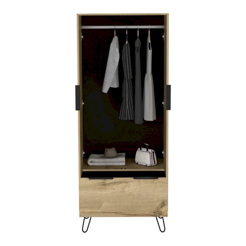 Armoire-penderie autoportante avec tringle à vêtements, tiroir, pieds épingle et armoire à double porte