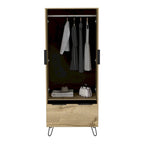 Armoire-penderie autoportante avec tringle à vêtements, tiroir, pieds épingle et armoire à double porte