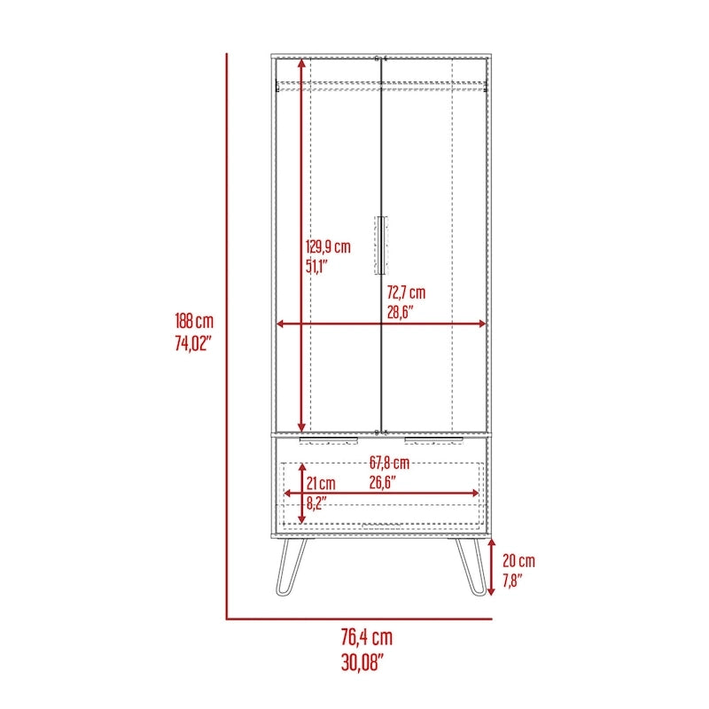 Armoire-penderie autoportante avec tringle à vêtements, tiroir, pieds épingle et armoire à double porte