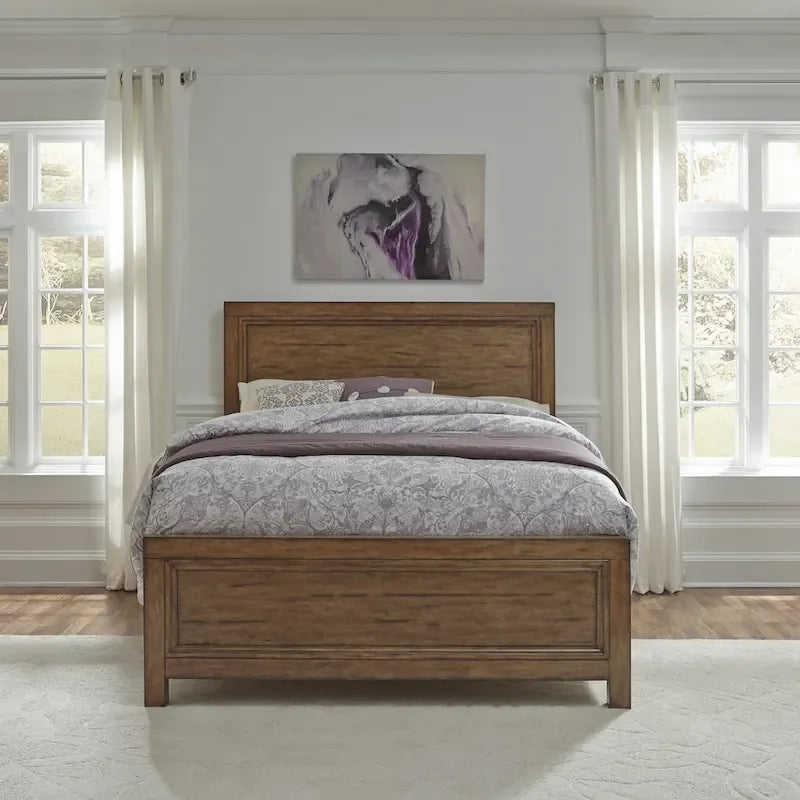 Lit Queen-Size avec Cadre en Bois Massif Fini Noyer Caramélisé, Meuble de Chambre Moderne