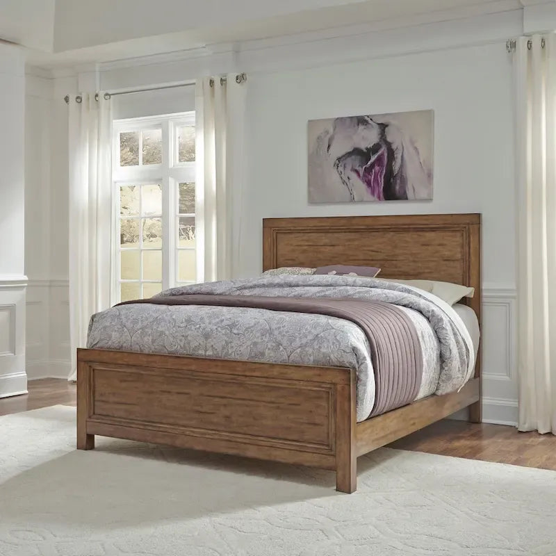 Lit Queen-Size avec Cadre en Bois Massif Fini Noyer Caramélisé, Meuble de Chambre Moderne