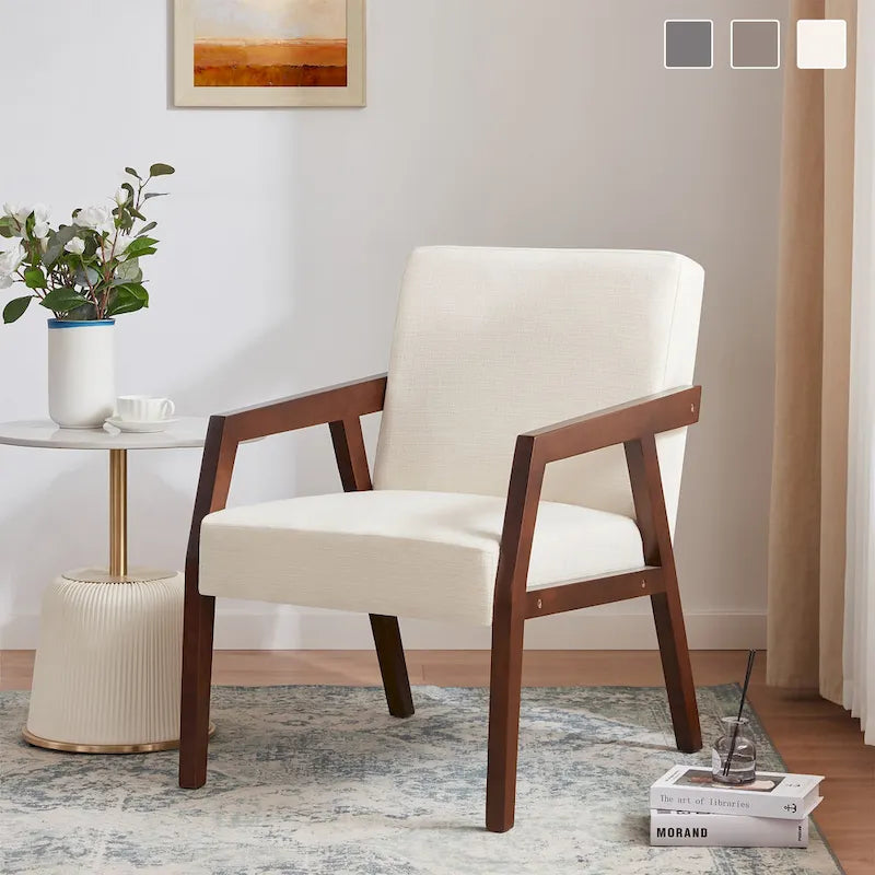 Fauteuil d'appoint Mid-Century Modern, Cadre en bois massif, Rembourré Marron/Blanc/Bleu, Salon