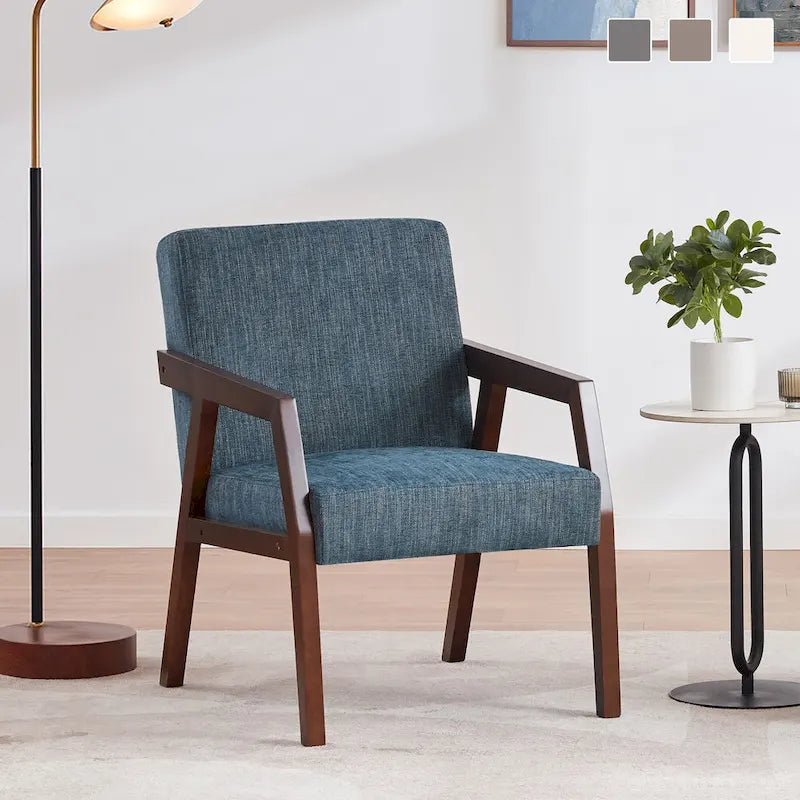 Fauteuil d'appoint Mid-Century Modern, Cadre en bois massif, Rembourré Marron/Blanc/Bleu, Salon
