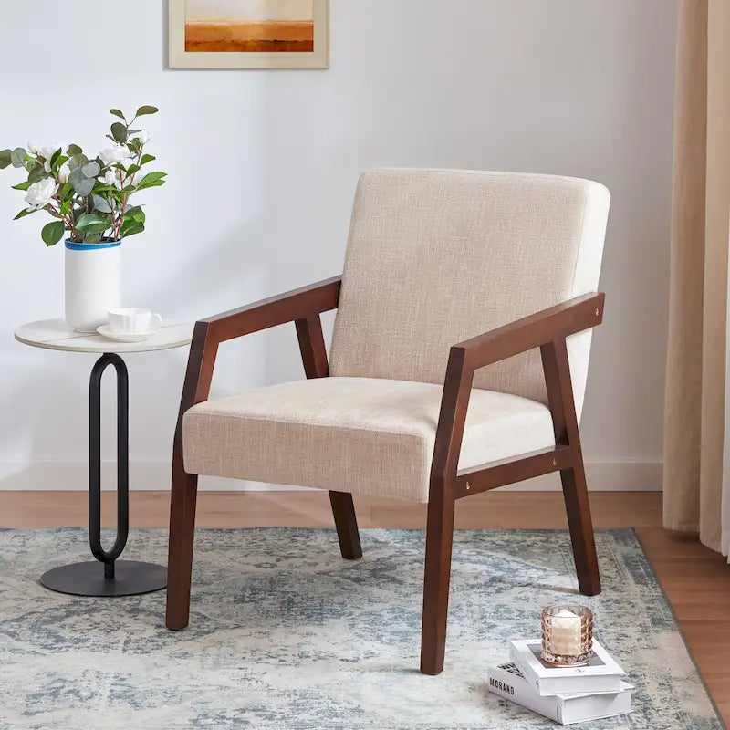 Fauteuil d'appoint Mid-Century Modern, Cadre en bois massif, Rembourré Marron/Blanc/Bleu, Salon