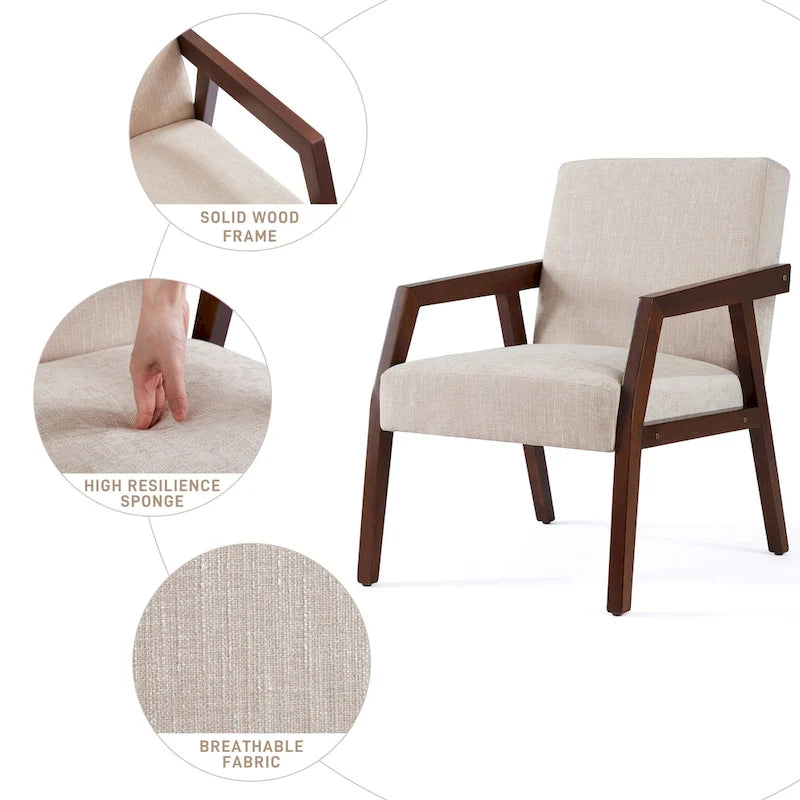 Fauteuil d'appoint Mid-Century Modern, Cadre en bois massif, Rembourré Marron/Blanc/Bleu, Salon