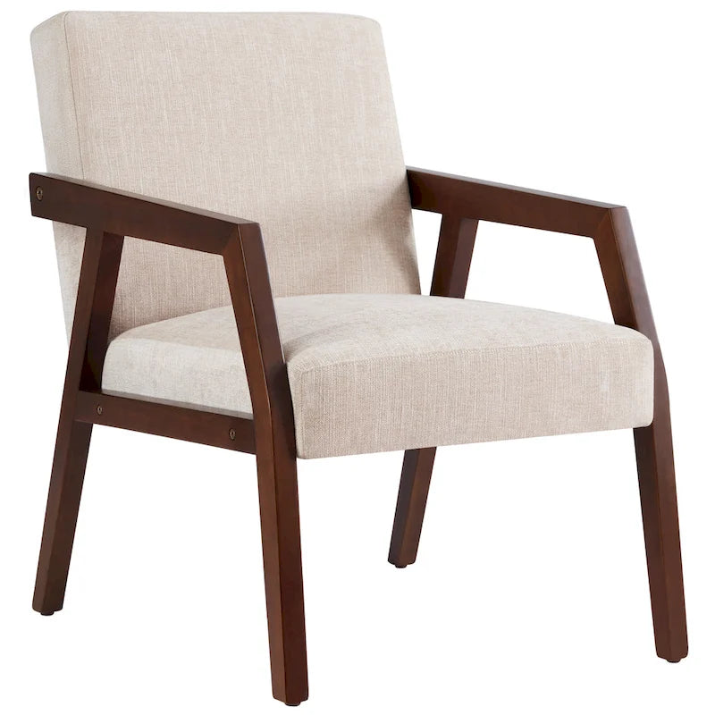 Fauteuil d'appoint Mid-Century Modern, Cadre en bois massif, Rembourré Marron/Blanc/Bleu, Salon