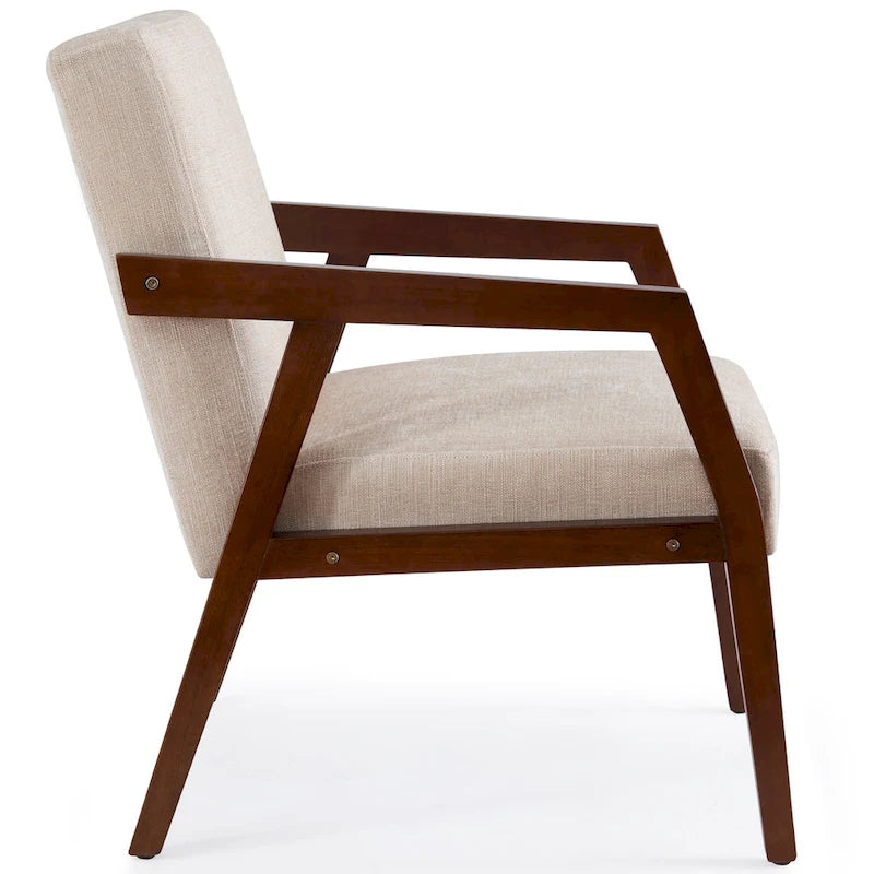 Fauteuil d'appoint Mid-Century Modern, Cadre en bois massif, Rembourré Marron/Blanc/Bleu, Salon
