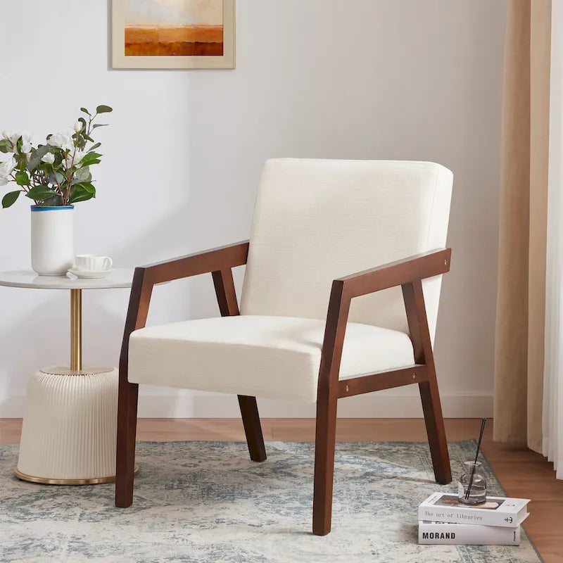 Fauteuil d'appoint Mid-Century Modern, Cadre en bois massif, Rembourré Marron/Blanc/Bleu, Salon