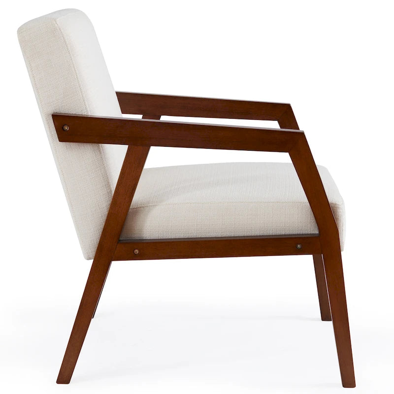 Fauteuil d'appoint Mid-Century Modern, Cadre en bois massif, Rembourré Marron/Blanc/Bleu, Salon