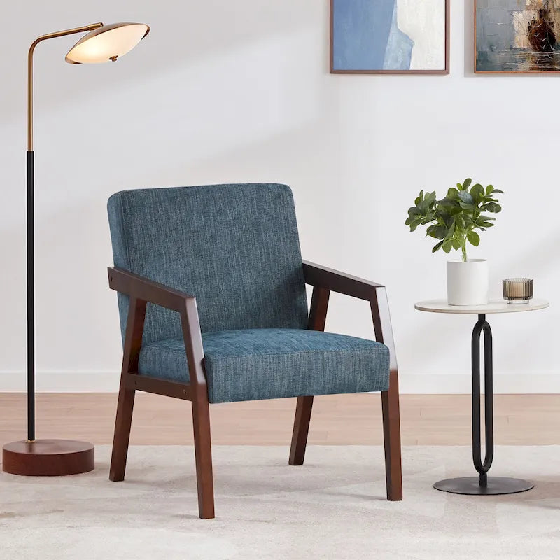 Fauteuil d'appoint Mid-Century Modern, Cadre en bois massif, Rembourré Marron/Blanc/Bleu, Salon