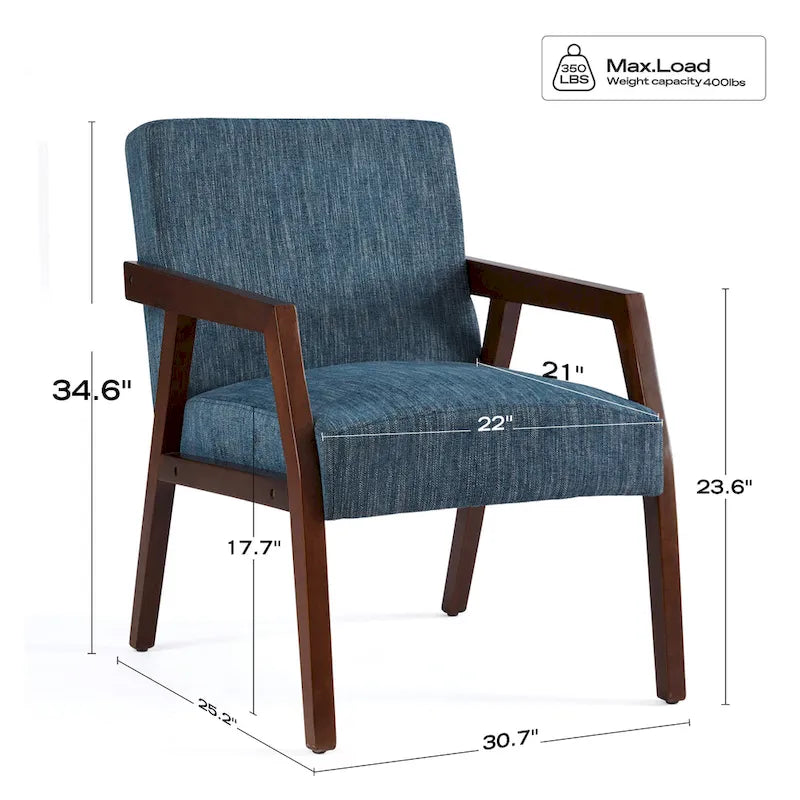 Fauteuil d'appoint Mid-Century Modern, Cadre en bois massif, Rembourré Marron/Blanc/Bleu, Salon
