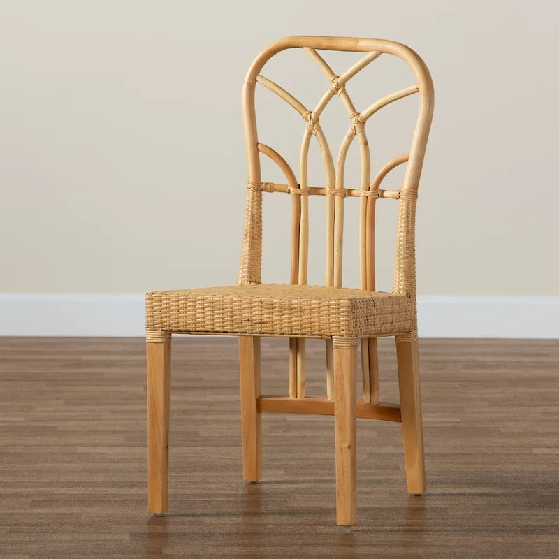 Chaise de salle à manger Monaco en acajou avec finition chêne marron et rotin naturel de style bohème moderne