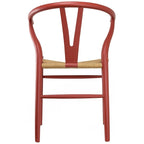 Chaise à accoudoirs rouge moderne en bois, dossier en Y ouvert, contemporaine pour cuisine, salle à manger avec assise tressée