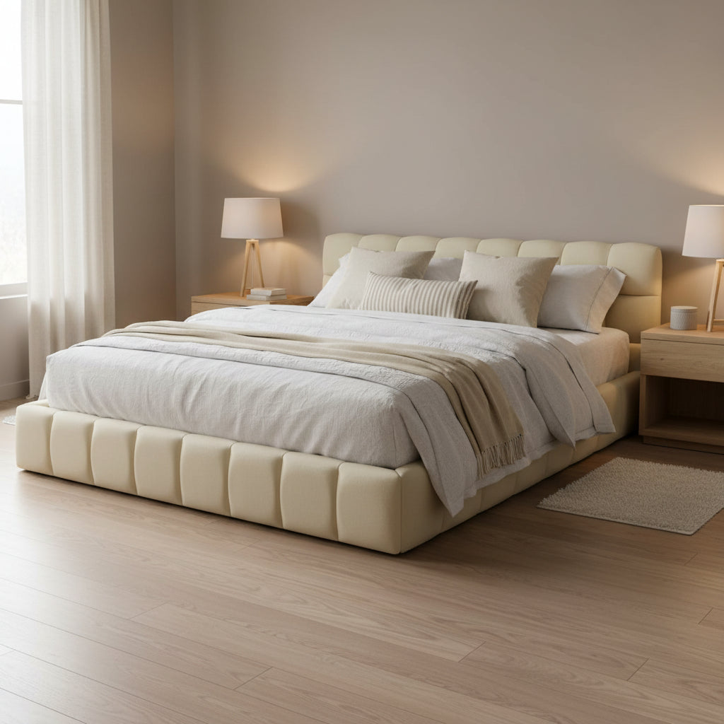 Lit plateforme capitonné avec tissu épais