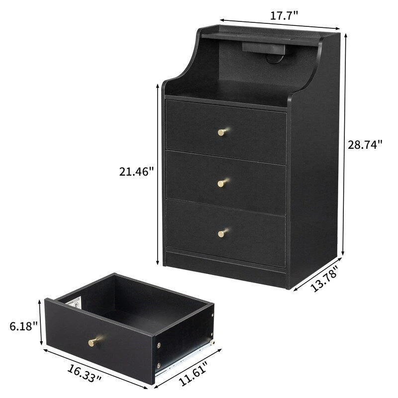 Table de chevet à 3 tiroirs avec USB