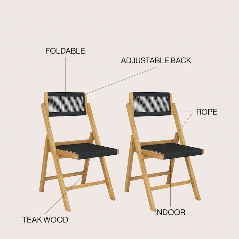 Chaise pliante Coastal Wood à cordes, dossier réglable, noir et naturel, lot de 2, intérieur extérieur