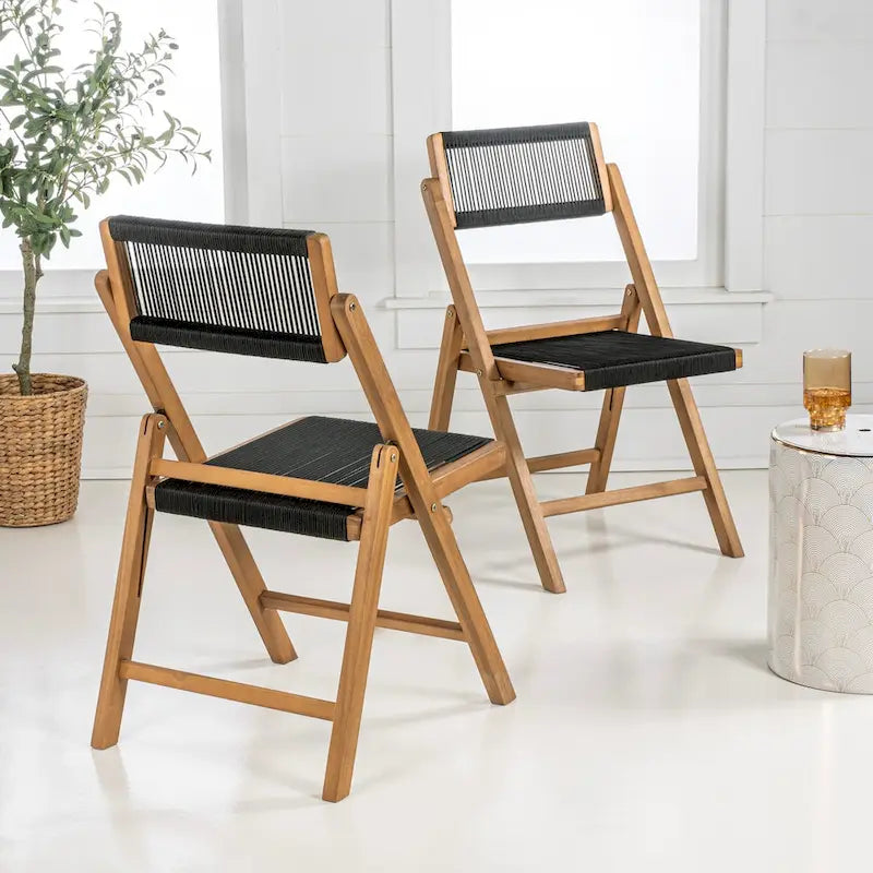 Chaise pliante Coastal Wood à cordes, dossier réglable, noir et naturel, lot de 2, intérieur extérieur