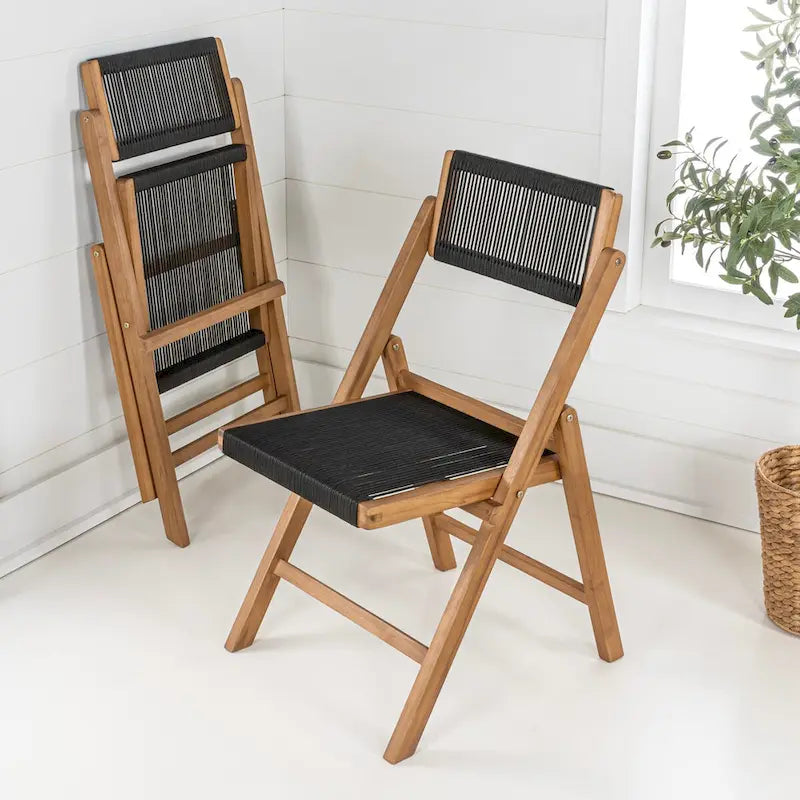 Chaise pliante Coastal Wood à cordes, dossier réglable, noir et naturel, lot de 2, intérieur extérieur