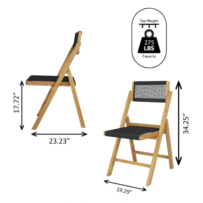 Chaise pliante Coastal Wood à cordes, dossier réglable, noir et naturel, lot de 2, intérieur extérieur