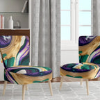Fauteuil d'appoint rembourré moderne, Imprimé abstrait audacieux violet vert or, Style contemporain