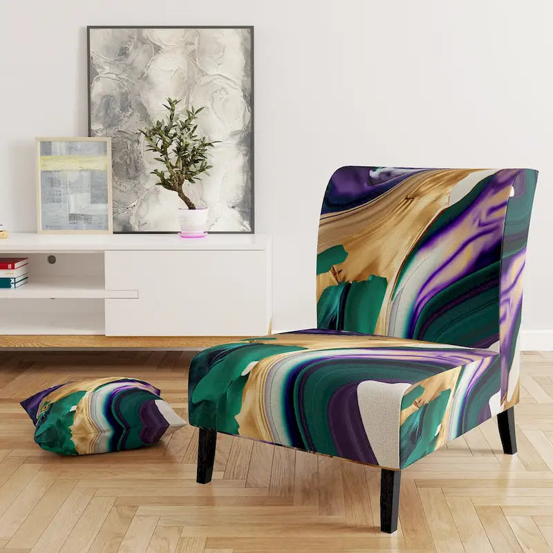 Fauteuil d'appoint rembourré moderne, Imprimé abstrait audacieux violet vert or, Style contemporain