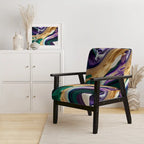 Fauteuil d'appoint rembourré moderne, Imprimé abstrait audacieux violet vert or, Style contemporain