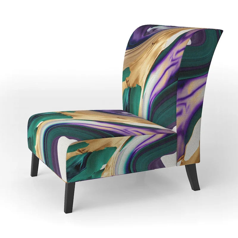 Fauteuil d'appoint rembourré moderne, Imprimé abstrait audacieux violet vert or, Style contemporain