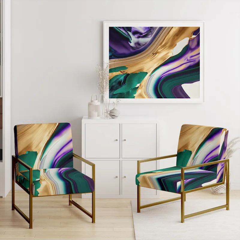 Fauteuil d'appoint rembourré moderne, Imprimé abstrait audacieux violet vert or, Style contemporain