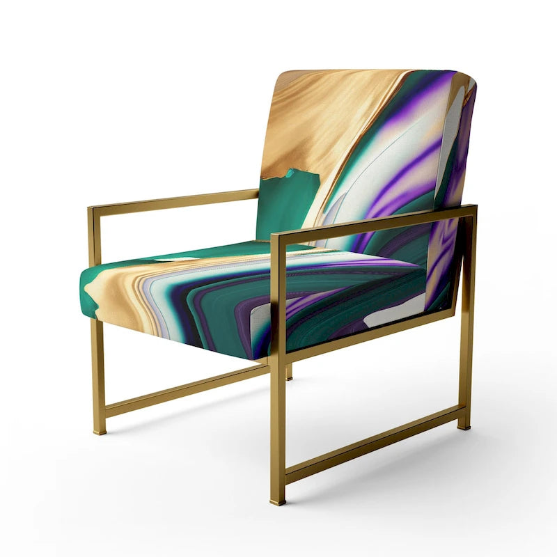 Fauteuil d'appoint rembourré moderne, Imprimé abstrait audacieux violet vert or, Style contemporain