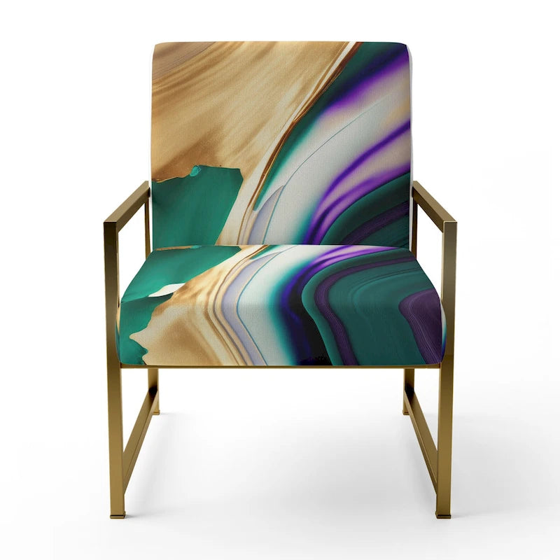 Fauteuil d'appoint rembourré moderne, Imprimé abstrait audacieux violet vert or, Style contemporain