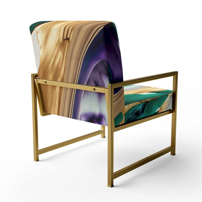 Fauteuil d'appoint rembourré moderne, Imprimé abstrait audacieux violet vert or, Style contemporain