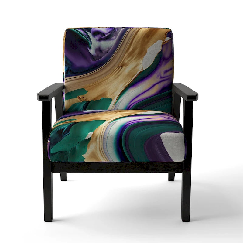 Fauteuil d'appoint rembourré moderne, Imprimé abstrait audacieux violet vert or, Style contemporain